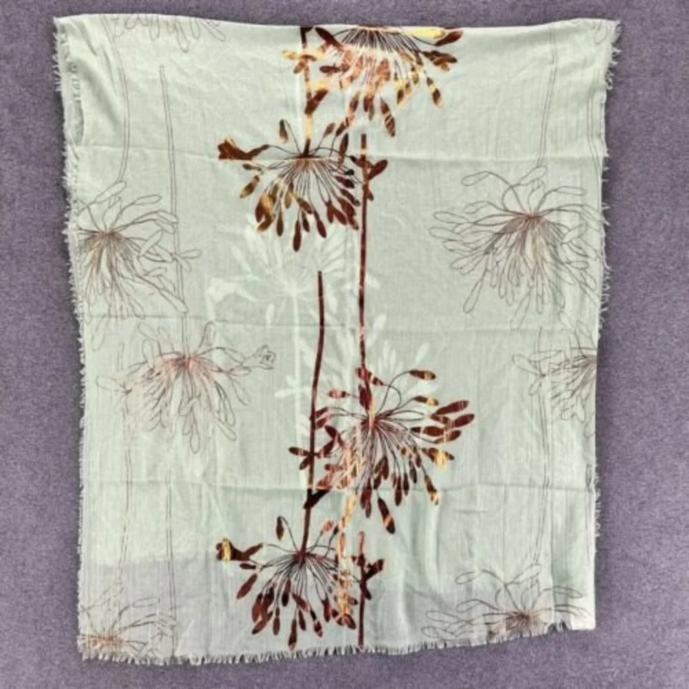 Women Scarf Light weight Green Metallic bronze flower Design Soft 34 x 73